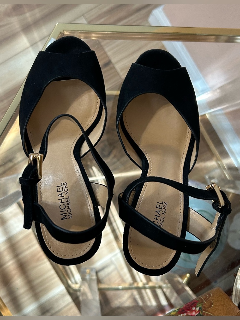 Michael Kors Black Suede Leather Platform Heels with Gold Block Heel Size 7 - Picture 9 of 16